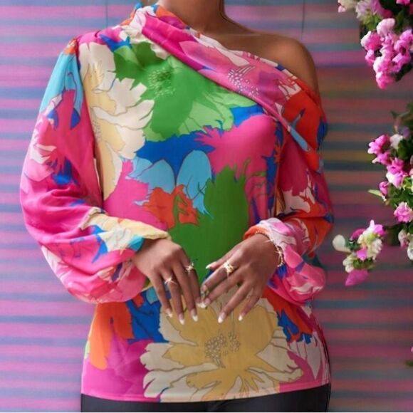 SHEIN NEW BOHOFLORAL PRINT ASYMMETRICAL NECK LANTERN SLEEVES BLOUSE TOP HOT PINK - Picture 1 of 7